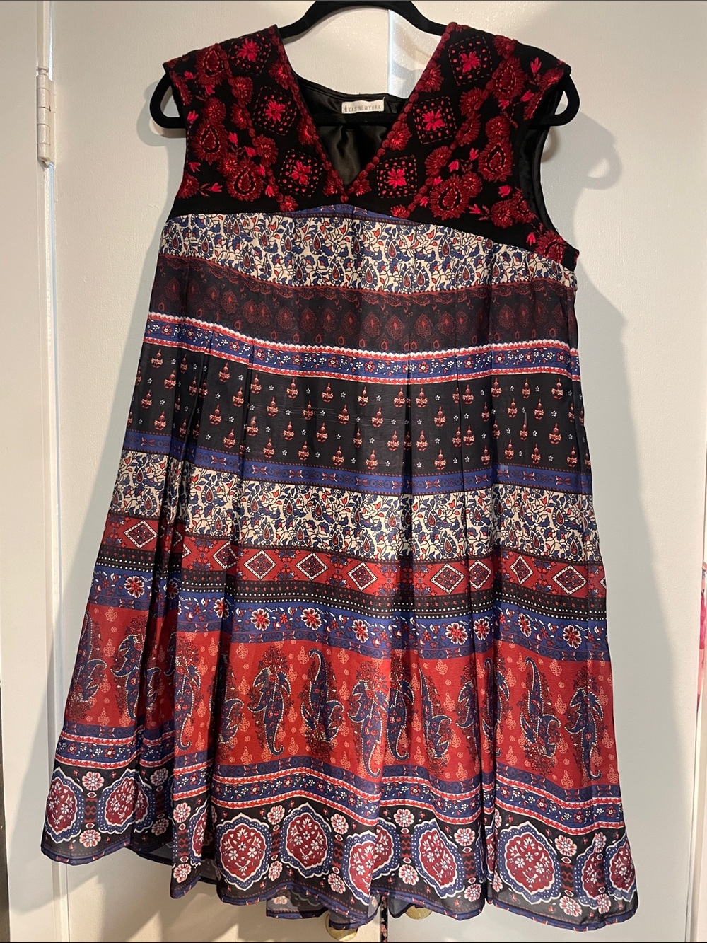 Anthropologie KAS New York Sleeveless V-Neck Mini Dress in Red, Black and Blue